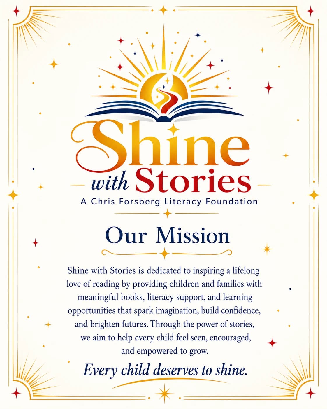 Shine with Stories mission poster by Liz Forsberg: a golden sunburst rising over an open book, with the foundation's mission statement set beneath it.